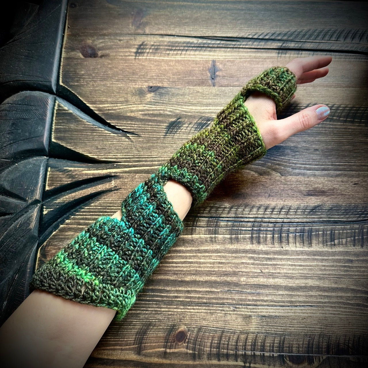 Handmade knitted multicoloured green arm warmers