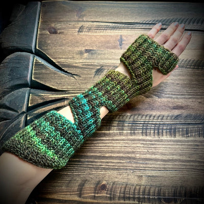 Handmade knitted multicoloured green arm warmers
