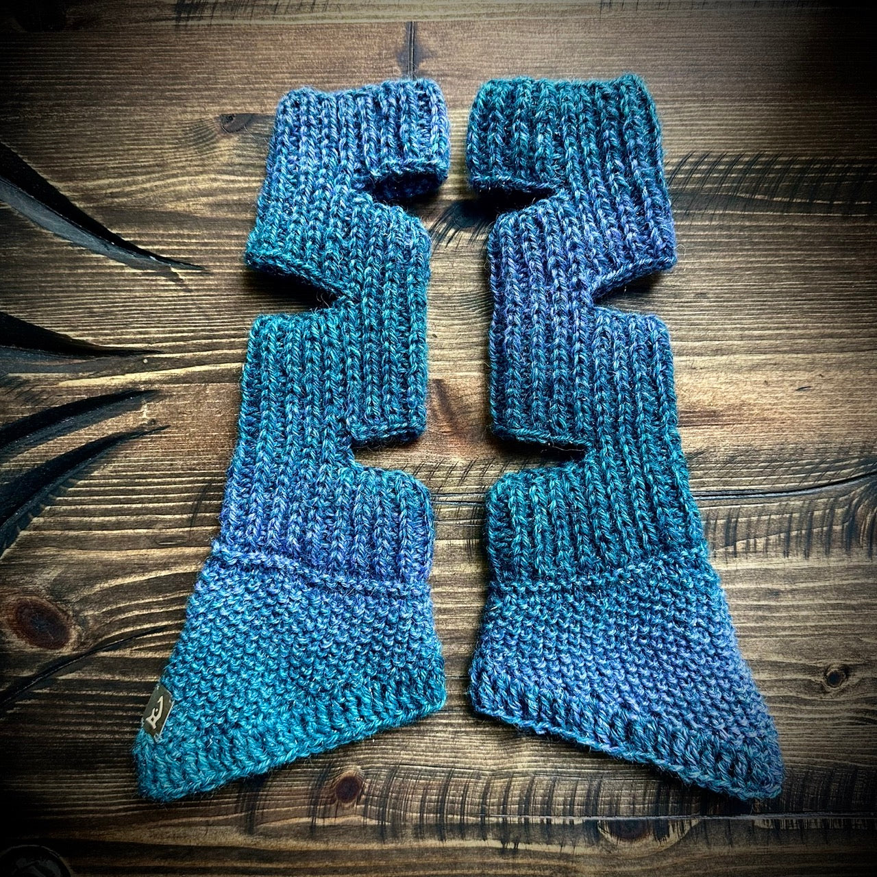 Handmade knitted sparkling aqua lilac arm warmers