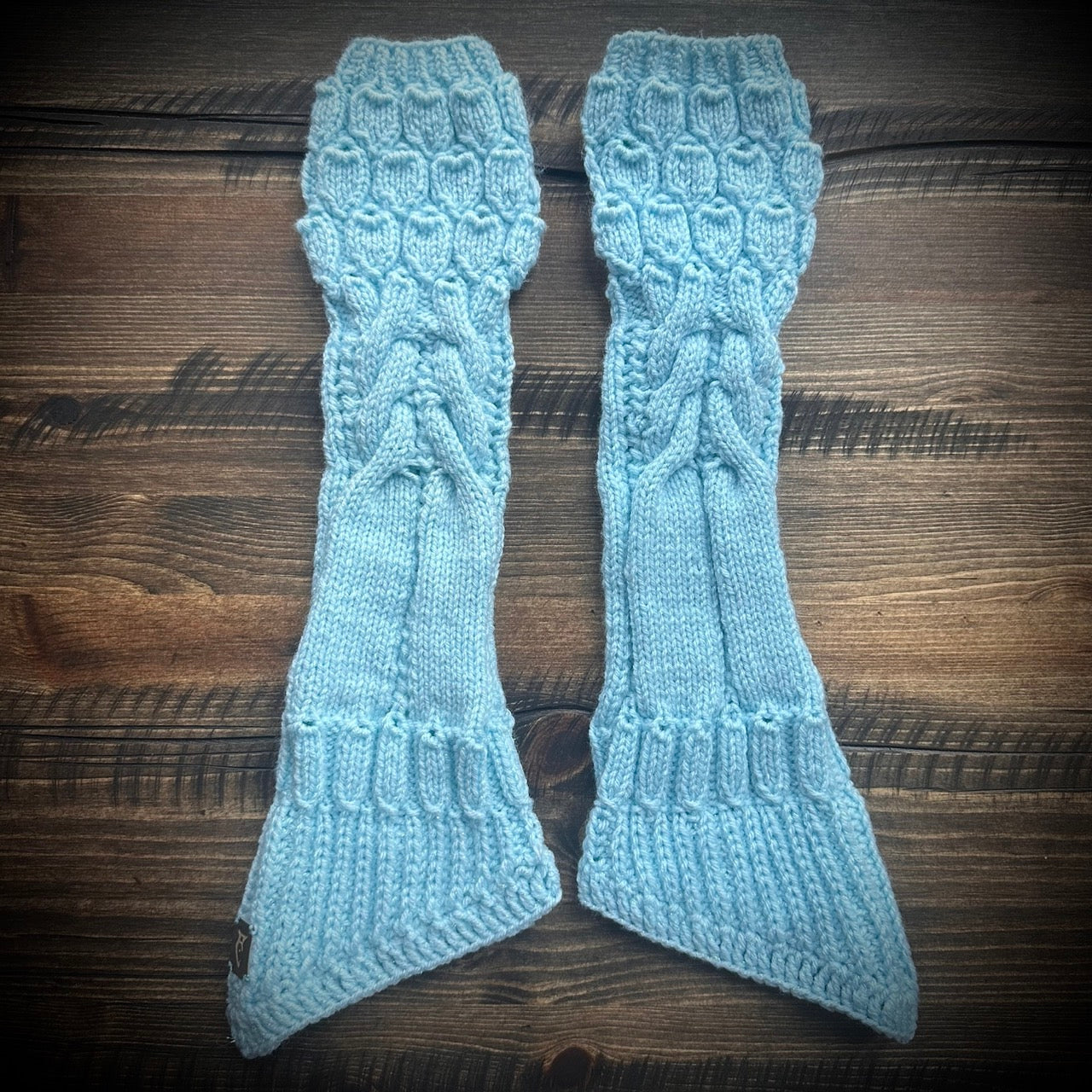 handmade knitted sparkling arctic blue arm warmers