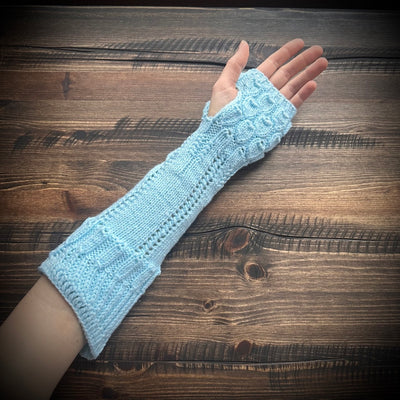 handmade knitted sparkling arctic blue arm warmers