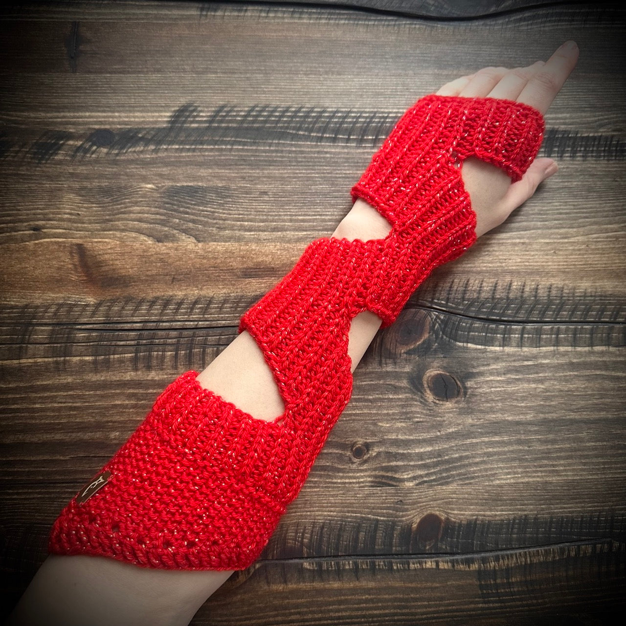 handmade knitted sparkling red arm warmers