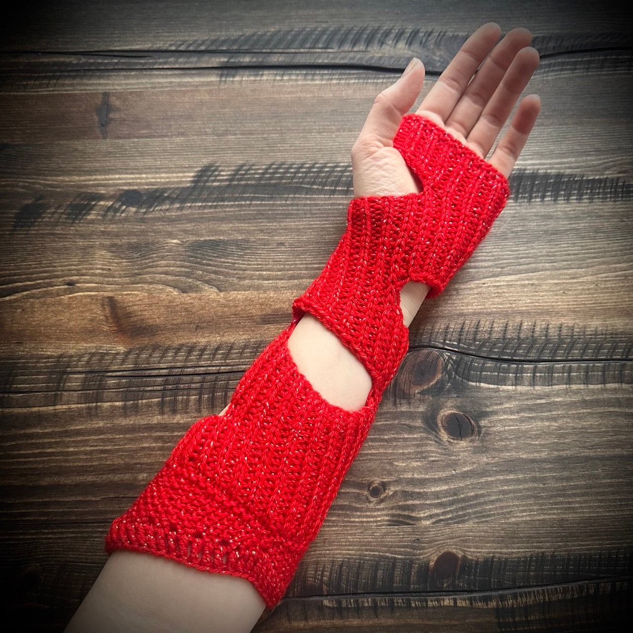 handmade knitted sparkling red arm warmers