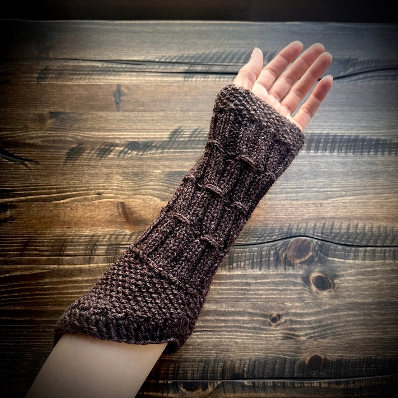Handmade knitted earthy brown arm warmers