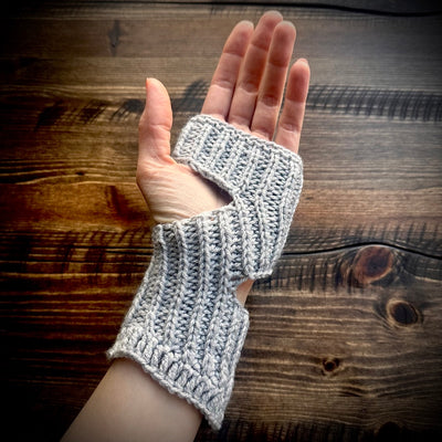 Handmade knitted sparkling grey wrist warmers