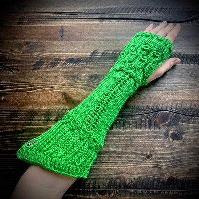Handmade knitted sparkling emerald arm warmers