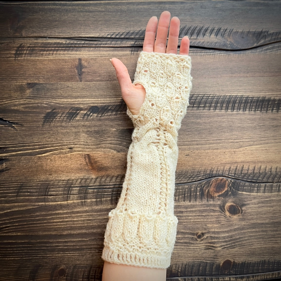 Handmade knitted deep ivory arm warmers