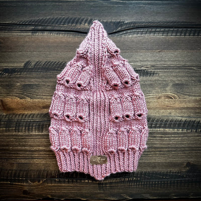 Handmade knitted misty rose beanie