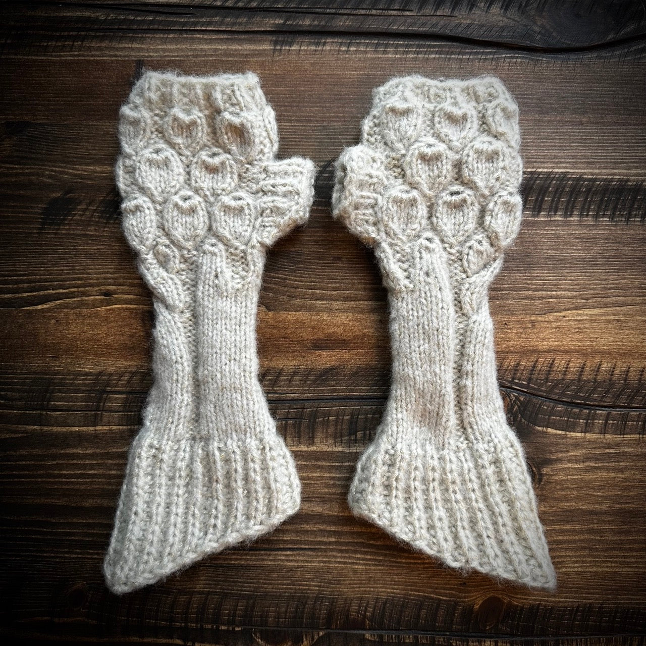 Handmade knitted sparkling ivory arm warmers