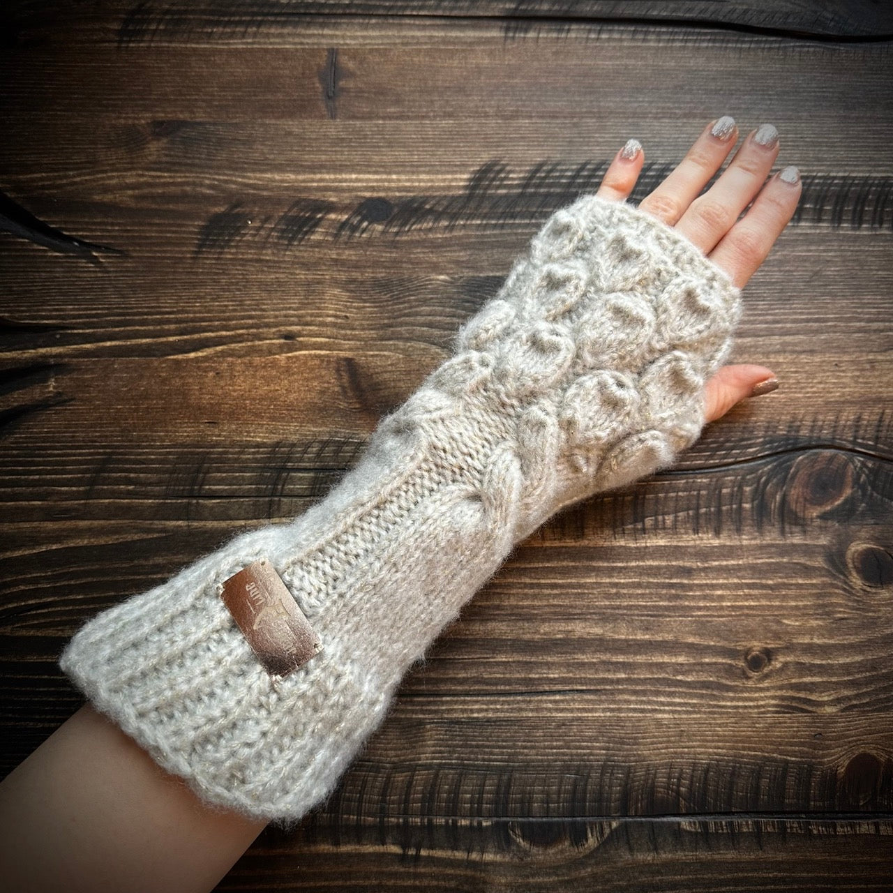 Handmade knitted sparkling ivory arm warmers