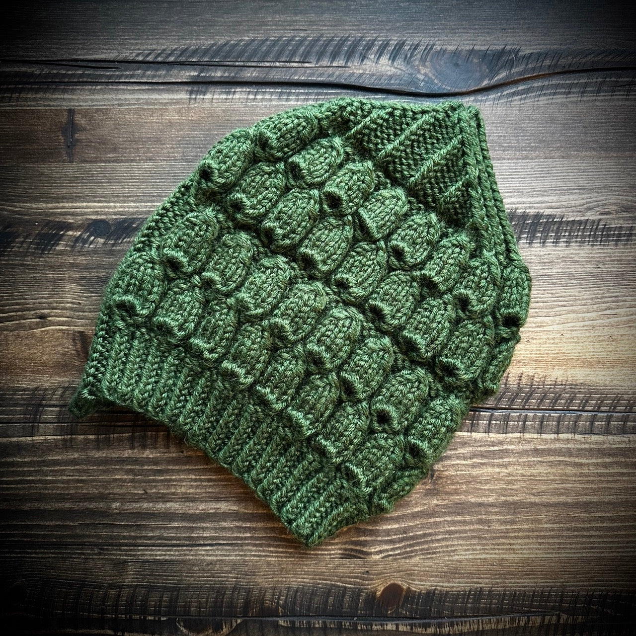 Handmade knitted forest green beanie