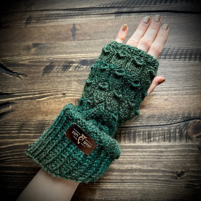 Handmade knitted sparkling green arm warmers
