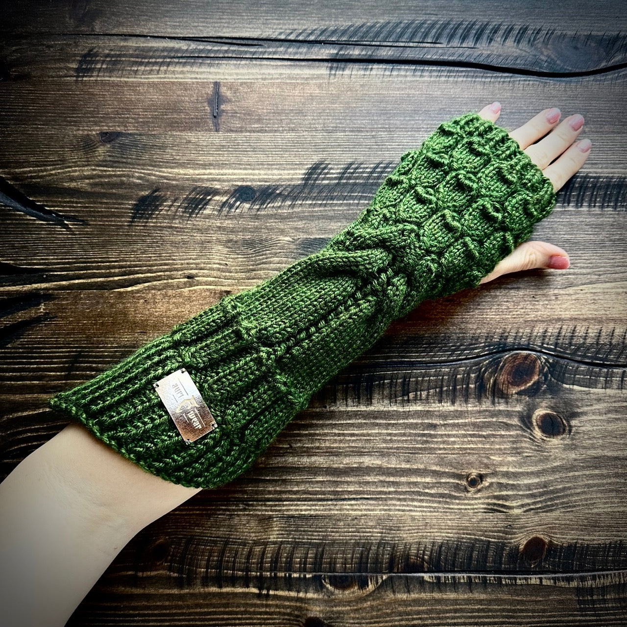 Handmade knitted forest green arm warmers