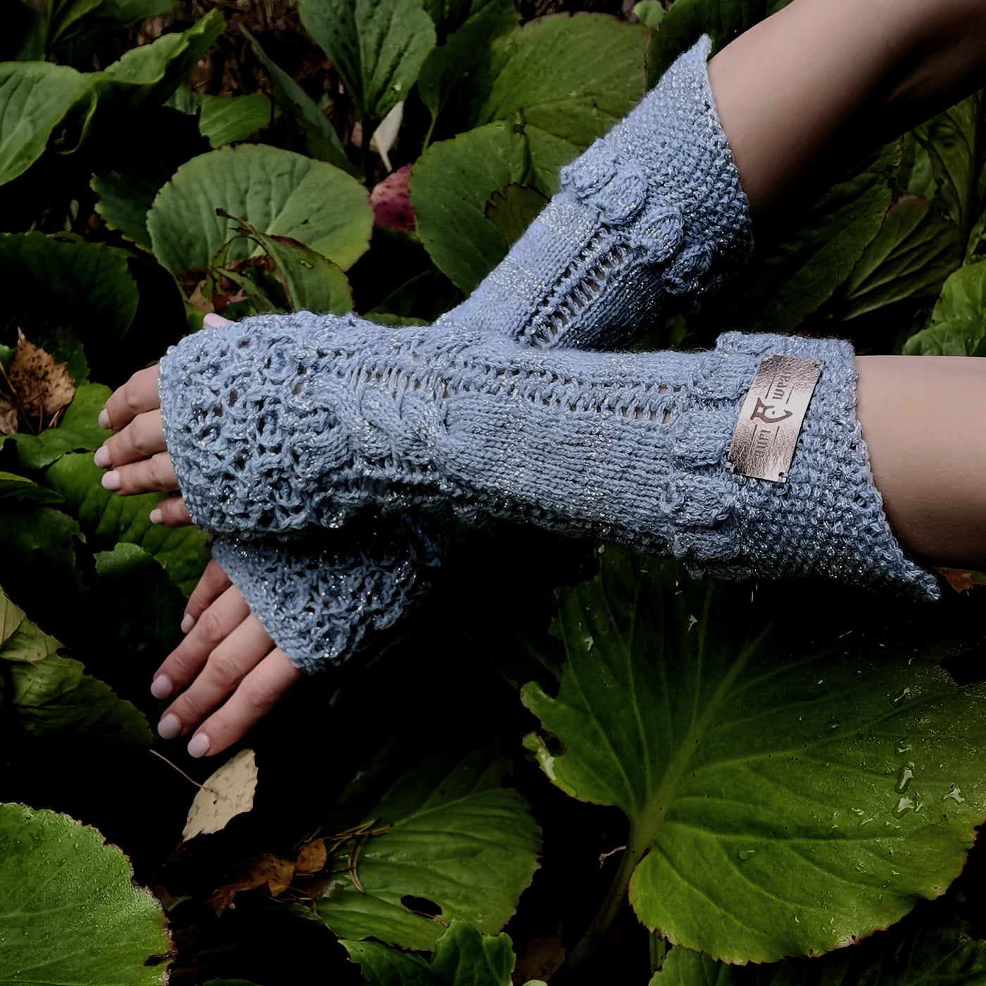 Handmade knitted icy blue arm warmers