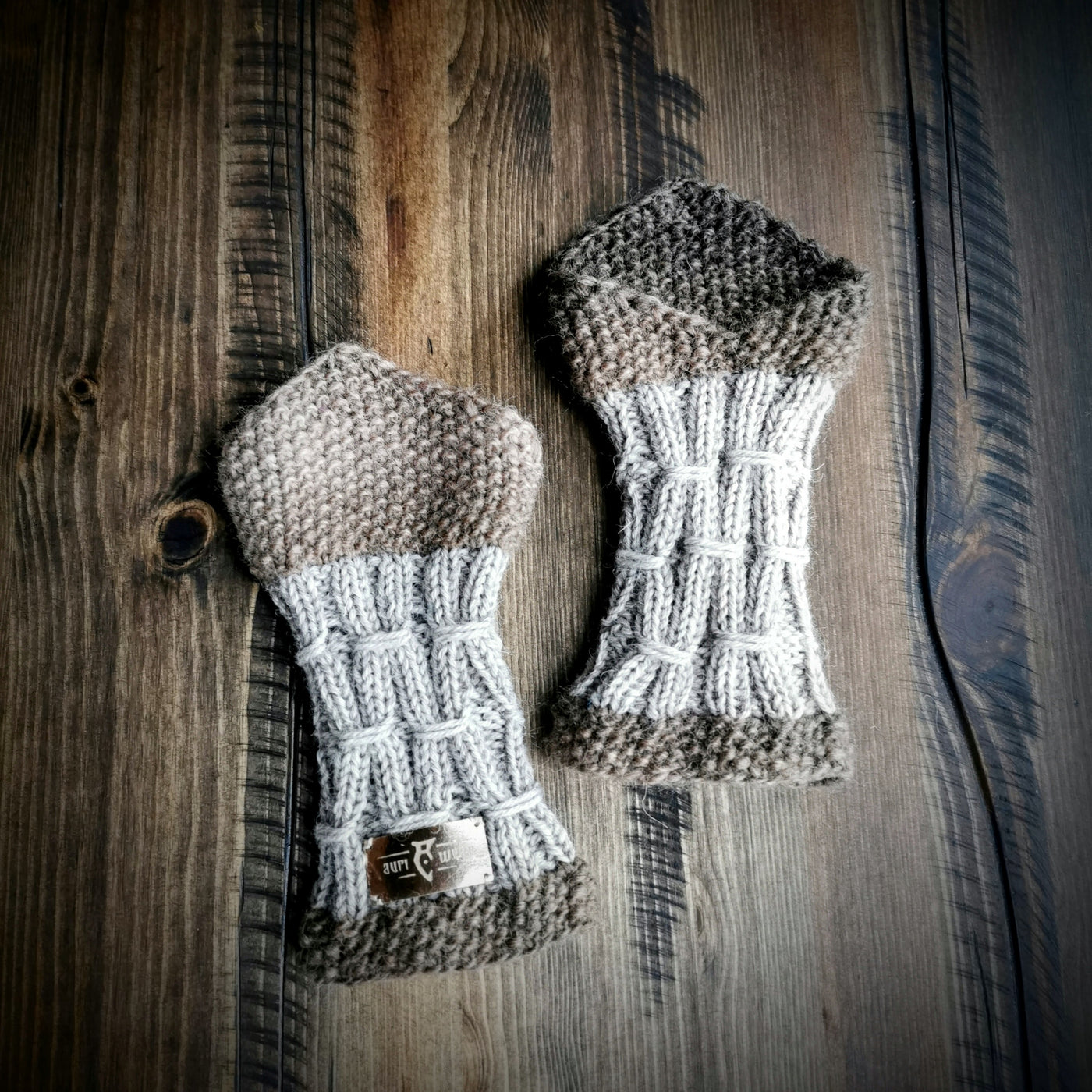Handmade knitted two tone lively brown wrist warmers
