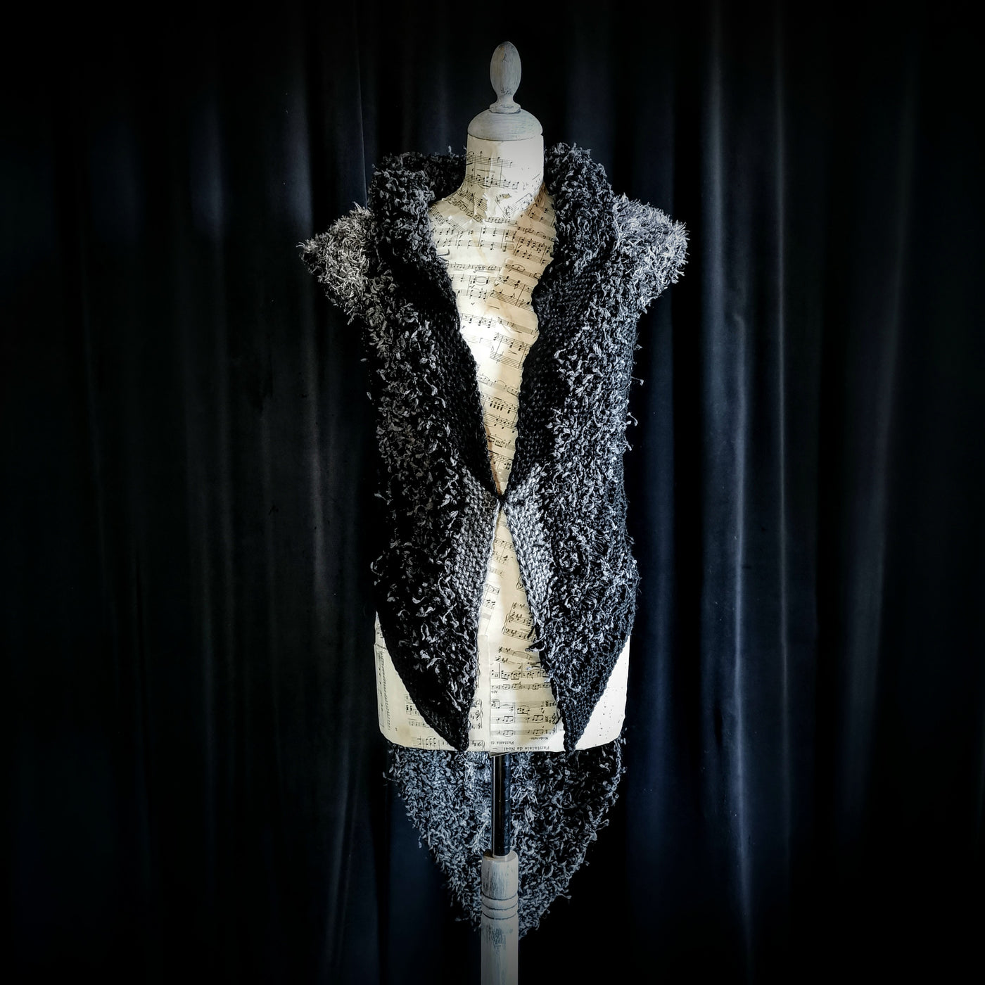 Handmade knitted black and grey hooded vest