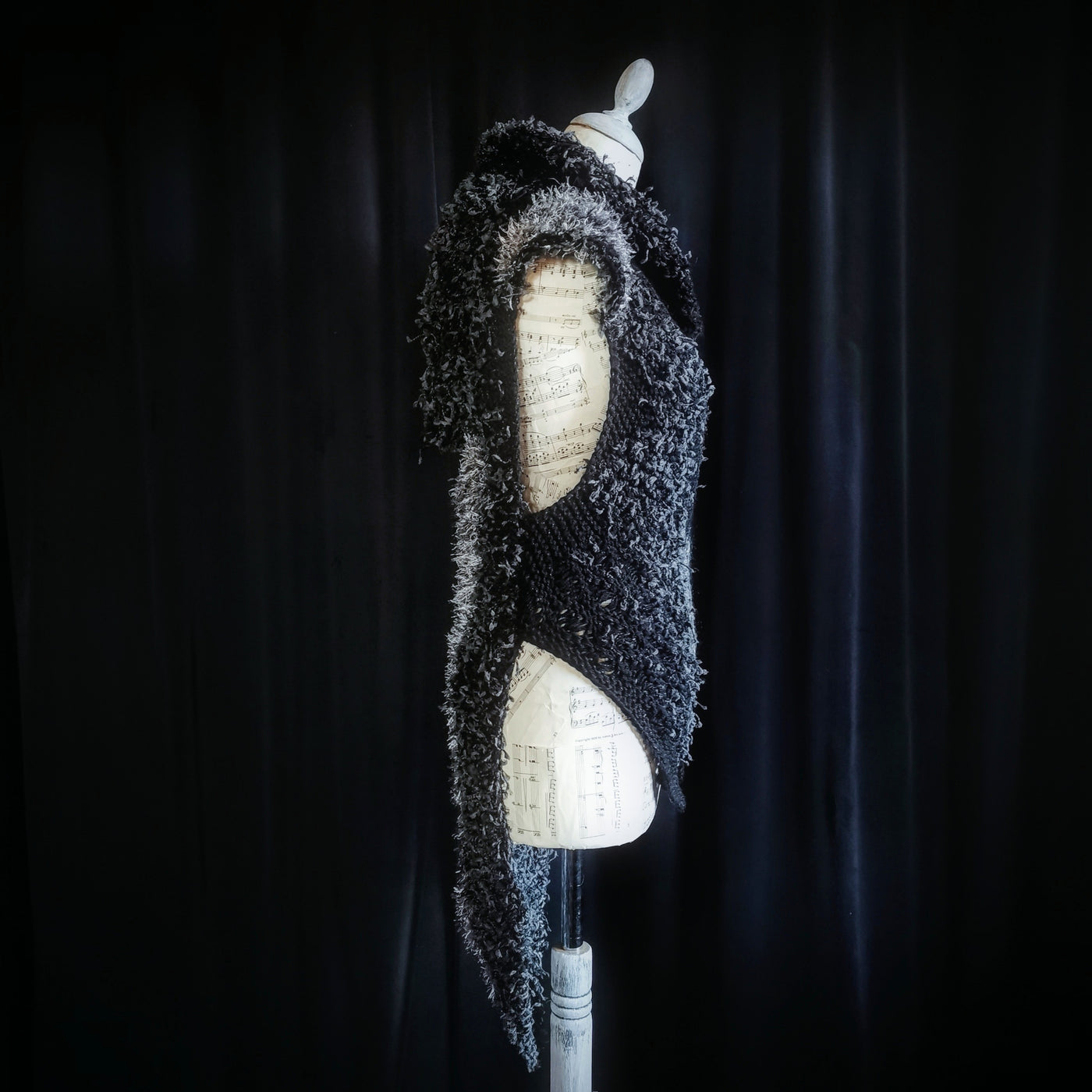 Handmade knitted black and grey hooded vest