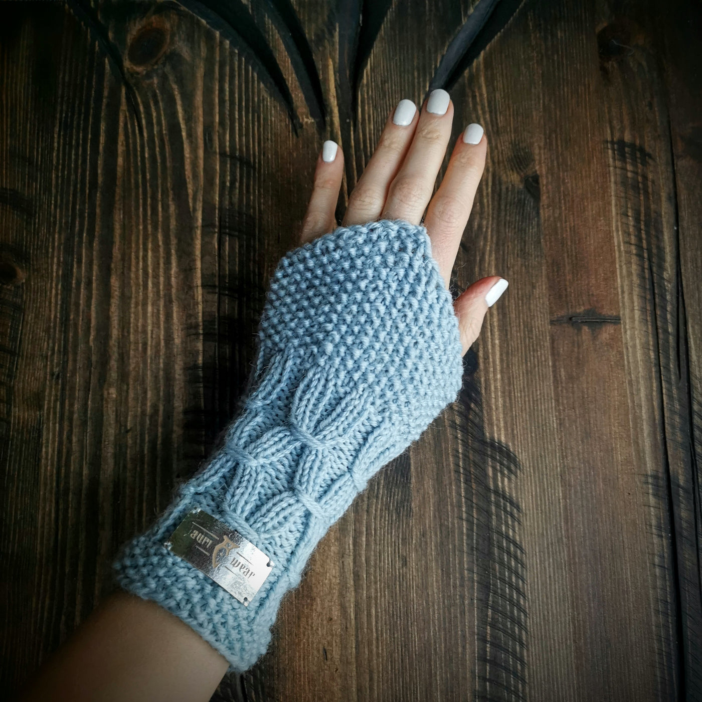 Handmade knitted winter blue wrist warmers