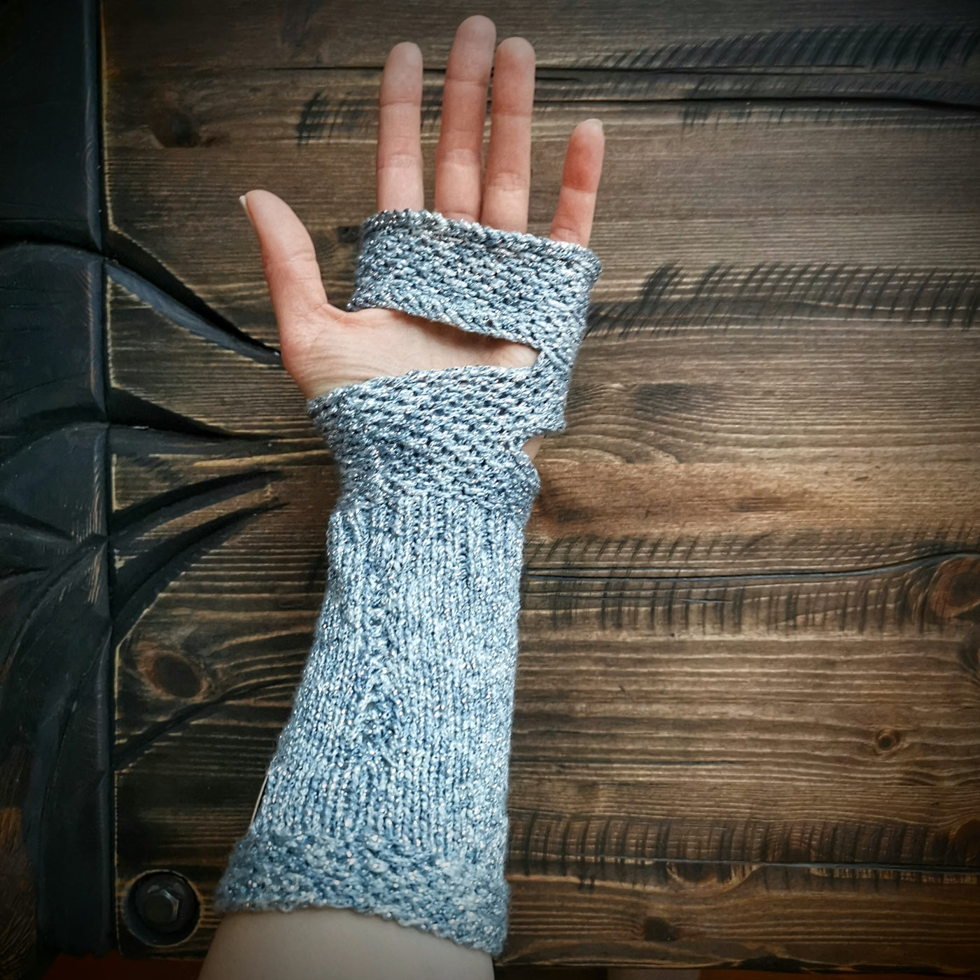 Handmade knitted sparkling blue wrist warmers