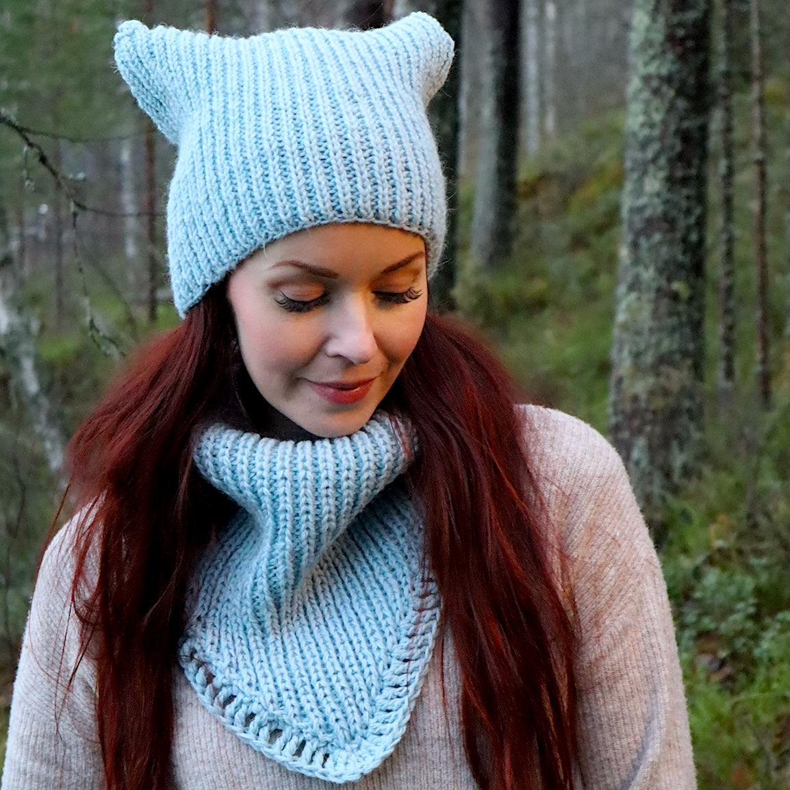 Handmade knitted winter blue cowl